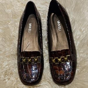 Vaneli Dark Brown Embossed Loafers with Gold Accents